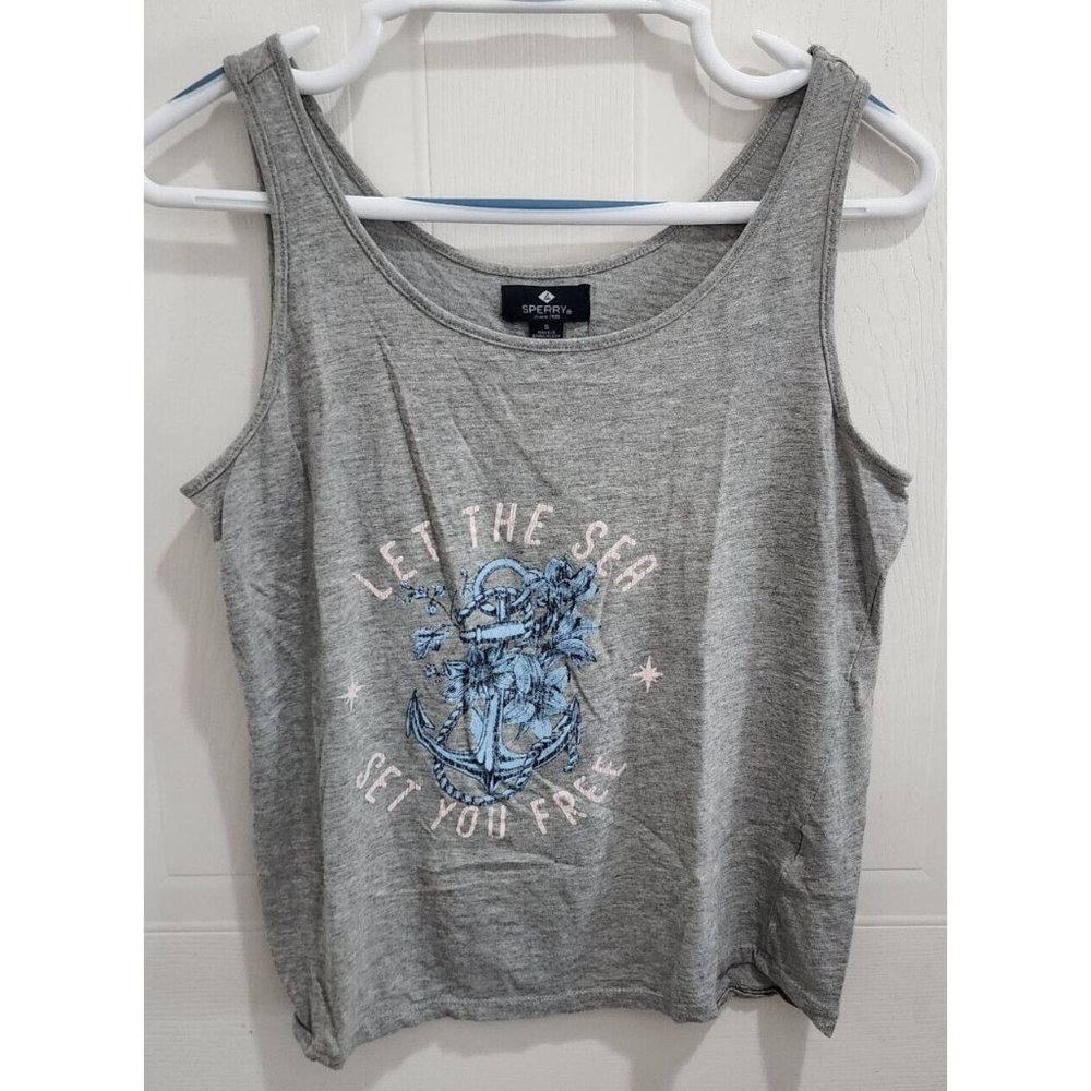 Sperry Womens Sleeveless Round Neck Pullover Graphic Tank Top Nautical Gray Sz S